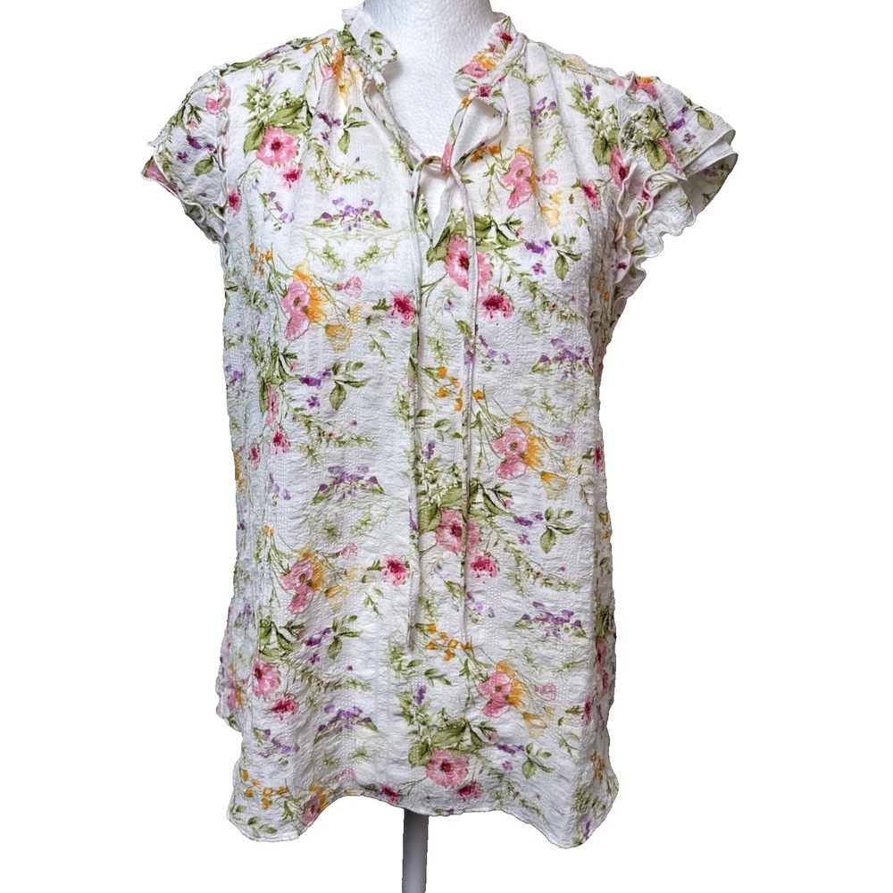 Haver London Floral Smocked Ruffle Neck Cap Sleeve Tie Blouse Top White Cream XS
